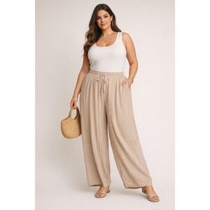 NWT Ava & Viv Linen Wide Leg Pants 3X Beige Striped Elastic Waist Plus Summer